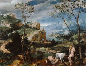 Krajobraz z Merkurym i Argusem, ok. 1570 autorstwa Flemish School