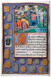 MS 4, tom. 127, f.112v, Męczeństwo św. Sebastiana z bordiurą trompe l’oeil z odznakami pielgrzyma i werniklem, z Godzinki, Flandria, pocz. XVI w. (pióro i atrament oraz tempera na welinie) autorstwa Flemish School