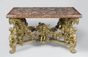 Stół intarsjowany na rzeźbionej i złoconej podstawie z drewna lipowego, 1689 autorstwa Flemish School