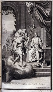 Merkury wysłany przez Jowisza do nimfy Kalipso. Ilustracja do księgi V Odysei Homera w Odysei, wydanej w Amsterdamie w 1731 r., Collection privee Milan. autorstwa Flemish School