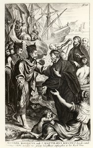 Michael Rogerius (1543-1607) i Matthaeus Riccius (1552-1610) przybywający na wybrzeże Chin, ilustracja z historii Kościoła autorstwa P. Corneliusa Hazarta, opublikowana w Antwerpii, 1668 autorstwa Flemish School