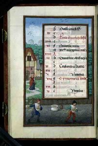 Ms 1058-1975 f.10v Two Men Sowing Corn, iluminowana strona kalendarza na październik, z księgi godzin, ok. 1500 (vellum) autorstwa Flemish School