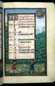 Ms 1058-1975 f.11r Pasterstwo świń i Beating Oaks, podświetlana strona kalendarza na listopad, z Księgi Godzin, ok. 1500 (welin) autorstwa Flemish School