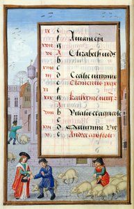 Pani 1058-1975 f11v Sprzedająca świnie na targu, podświetlana strona kalendarza na listopad, z Księgi godzin, ok. 1500 autorstwa Flemish School