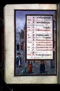 Ms 1058-1975 f12v Snow in a Street, podświetlana strona kalendarza na grudzień, z Book of Hours, c.1500 (welum) autorstwa Flemish School