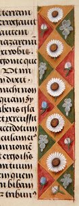 Ms. 1058-1975, f.16r: fragment bordiury kwiatowej z Godzinki, ok. 1500 (welum) autorstwa Flemish School