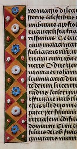 Ms. 1058-1975, f.16r: fragment bordiury kwiatowej z Godzinki, ok. 1500 (welum) autorstwa Flemish School