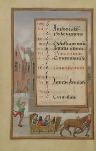 Ms 1058-1975 f1v Scena uliczna w śniegu, oświetlona strona kalendarza na styczeń, z Księgi godzin, ok. 1500 autorstwa Flemish School