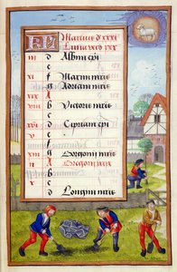 Ms 1058-1975 f3r Kopanie i sadzenie drzew, podświetlana strona kalendarza na marzec, z Księgi godzin, ok. 1500 autorstwa Flemish School