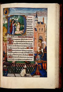 Ms 1058-1975, f.74r: Król Dawid modlący się do Dziewicy z Dzieciątkiem i historyczny inicjał D przedstawiający stworzenie Ewy, z Godzinki, Brugia, ok. 1510 (złoty tusz i tempera na pergaminie) autorstwa Flemish School
