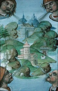 Pani Hunter 9 f.47v Cztery wiatry wiejące na rogach na morskim krajobrazie, z „De Medina Fen I. II, autorstwa Avicenna (980-1037)” (welum) autorstwa Flemish School
