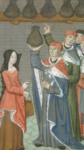 Pani Hunter 9 f.84r Kobieta z koszem niosąca urinalis magnus, z De Medina Fen I.II, autorstwa Avicenna (980-1037) autorstwa Flemish School