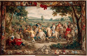 Pałac (Schlossanlage Schleißheim). Flamandzki gobelin. Atelier w Brukseli Judocus De Vos. Projekt Lamberta De Hondta. Marsz (La Marche). 400x640cm. Wełna i jedwab. Około 1715-1724. autorstwa Flemish School