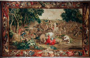Pałac (Schlossanlage Schleißheim). Flamandzki gobelin. Atelier w Brukseli Judocus De Vos. Projekt Lamberta De Hondta. Zasadzka (zasadzka). Wełna i jedwab. Około 1715-1724. autorstwa Flemish School