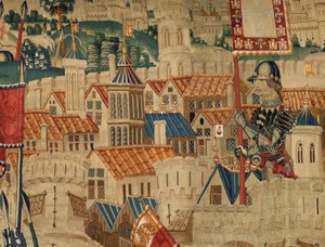 Muzeum Parafialne Gobelinów (Muzeum Parafialne Gobelinów Pastrana). Flamandzki gobelin. Conquest of Tanger (Zdobywanie Tangeru, De inname van Tanger). Seria Podboje króla Portugalii Alfonsa I. Turniej. Wełna i jedwab autorstwa Flemish School