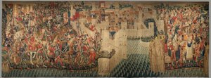 Muzeum Parafialne Gobelinów (Muzeum Parafialne Gobelinów Pastrana). Flamandzki gobelin. Conquest of Tanger (Zdobywanie Tangeru, De inname van Tanger). Seria Podboje króla Portugalii Alfonsa I. Turniej. Wełna i jedwab autorstwa Flemish School