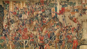 Muzeum Parafialne Gobelinów (Muzeum Parafialne Gobelinów z Pastrany). Flamandzki gobelin. Conquest of Tanger (Zdobywanie Tangeru, De inname van Tanger). Seria Podboje króla Portugalii Alfonsa I. Turniej. Wełna i jedwab