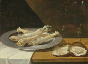Golonki wieprzowe na cynowym talerzu z ostrygami i kieliszkami do wina na drapowanym stole, ok. 1630 autorstwa Flemish School