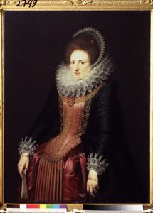 „Portret damy z wachlarzem” (Portret damy z wachlarzem) zamożnej damy ubranej w kryzę i haftowaną sukienkę. Obraz szkoły flamandzkiej około 1610 r. Muzeum Puszkina, Moskwa autorstwa Flemish School