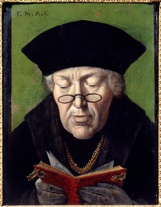 Portret Thomasa More (1478-1535), humanisty. Humanista jest reprezentowany w okularach czytając książkę. Malarstwo flamandzkiej szkoły autorstwa Flemish School
