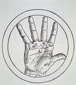 Pozycja planet po prawej stronie, kopia ilustracji z De Occulta Philosophia Libri III autorstwa Henricusa Corneliusa Agrippy, Antwerpia 1533, wykorzystana w Historii magii, wydanej pod koniec XIX wieku autorstwa Flemish School