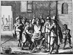 Czarownik, któremu torturowany jest naszyjnik - rycina 1725 w „”La Sorcellerie demasquee”” (