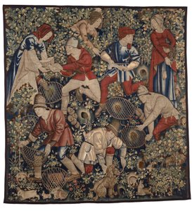 Gobelin przedstawiający chłopów polujących na króliki z fretkami, Tournai, ok. 1450-75 (wełna) autorstwa Flemish School
