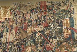 Gobelin przedstawiający podboje króla Portugalii Alfonsa V (Conquistas de Alfonso V de Portugal), Tournai. Szczegół. (Wełna i jedwab) autorstwa Flemish School