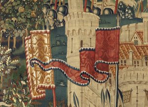 Gobelin przedstawiający podboje króla Portugalii Alfonsa V (Conquistas de Alfonso V de Portugal), Tournai. Szczegół. (Wełna i jedwab) autorstwa Flemish School