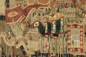 Gobelin przedstawiający podboje króla Portugalii Alfonsa V (Conquistas de Alfonso V de Portugal), Tournai. Szczegół. (Wełna i jedwab) autorstwa Flemish School