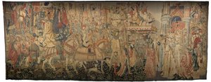 Gobelin przedstawiający podboje króla Portugalii Alfonsa V (Conquistas de Alfonso V de Portugal), Tournai. Szczegół. (Wełna i jedwab) autorstwa Flemish School