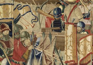 Gobelin przedstawiający podboje króla Portugalii Alfonsa V (Conquistas de Alfonso V de Portugal), Tournai. Szczegół. (Wełna i jedwab) autorstwa Flemish School