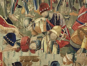 Gobelin przedstawiający podboje króla Portugalii Alfonsa V (Conquistas de Alfonso V de Portugal), Tournai. Szczegół. (Wełna i jedwab) autorstwa Flemish School