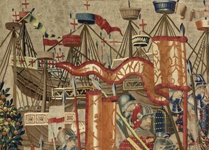 Gobelin przedstawiający podboje króla Portugalii Alfonsa V (Conquistas de Alfonso V de Portugal), Tournai. Szczegół. (Wełna i jedwab) autorstwa Flemish School