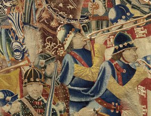 Gobelin przedstawiający podboje króla Portugalii Alfonsa V (Conquistas de Alfonso V de Portugal), Tournai. Szczegół. (Wełna i jedwab) autorstwa Flemish School