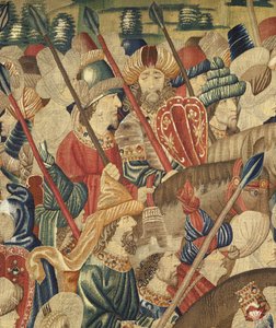 Gobelin przedstawiający podboje króla Portugalii Alfonsa V (Conquistas de Alfonso V de Portugal), Tournai. Szczegół. (Wełna i jedwab) autorstwa Flemish School