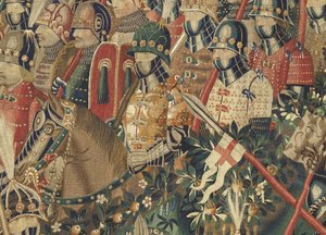 Gobelin przedstawiający podboje króla Portugalii Alfonsa V (Conquistas de Alfonso V de Portugal), Tournai. Szczegół. (Wełna i jedwab) autorstwa Flemish School