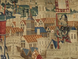 Gobelin przedstawiający podboje króla Portugalii Alfonsa V (Conquistas de Alfonso V de Portugal), Tournai. Szczegół. (Wełna i jedwab) autorstwa Flemish School