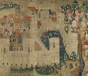 Gobelin przedstawiający podboje króla Portugalii Alfonsa V (Conquistas de Alfonso V de Portugal), Tournai. Szczegół. (Wełna i jedwab) autorstwa Flemish School