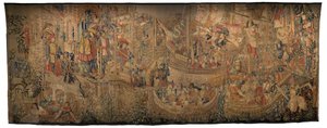 Gobelin przedstawiający podboje króla Portugalii Alfonsa V (Conquistas de Alfonso V de Portugal), Tournai. Szczegół. (Wełna i jedwab) autorstwa Flemish School