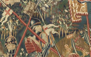 Gobelin przedstawiający podboje króla Portugalii Alfonsa V (Conquistas de Alfonso V de Portugal), Tournai. Szczegół. (Wełna i jedwab) autorstwa Flemish School