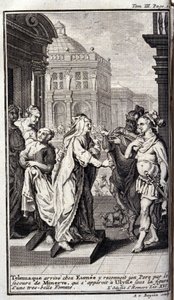 Telemaque przybywa do domu Eumee, rozpoznaje swojego ojca dzięki pomocy Minerve, która pojawia się w Ulissesie pod postacią pięknej kobiety. Ilustracja do książki XVI de l