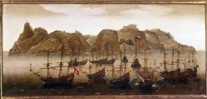 Holenderska flota u wybrzeży wyspy Św. Heleny. Obraz olejny. XVII wiek. Muzeum Marynarki Wojennej w Amsterdamie autorstwa Flemish School