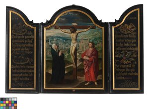 Tríptico com Crucificação e Textos (óleo sobre painel) polimento autorstwa Flemish School