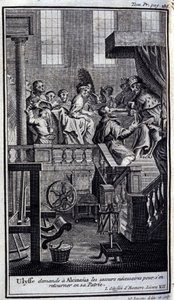 Ullysse prosi Alcinousa (Alcinoos) o niezbędną pomoc w powrocie do ojczyzny. Ilustracja do księgi VII Odysei Homere, w Odyssee, wydanej w Amsterdamie w 1731, Collection privee Milan. autorstwa Flemish School