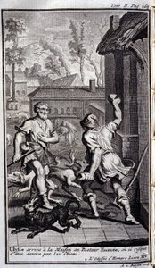 Ulisses przybywa do domu pastora Eumee, w przeciwnym razie mogą go poświęcić psy. Ilustracja do książki XIV de l