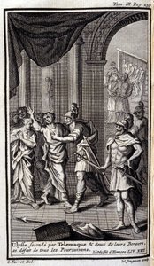Ulisses drugi po Telemaque i dwóch ich pasterzy rozwiązali wszystkich prześladowców. Lustracja dla XXII księgi Odyseusza Homere, w Odyssee, wydanej w Amsterdamie w 1731 r., Collection privee Milan. autorstwa Flemish School