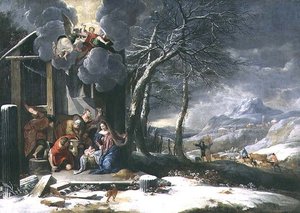 Pejzaż zimowy z szopką (olej na płótnie) autorstwa Flemish School