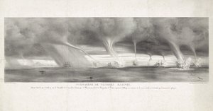 Waterhozen op zee bij Sycylia, 1827 Fenomen Trąbek Wodnych, obserwowany w morzu Sycylii, w zasięgu wzroku Stromboli, 27 czerwca 1827 r. (tytuł na obiekcie) autorstwa Félix Achille Beaupoil Saint Aulaire