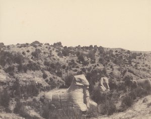 Karnak Teby, Sfinks z ludzką głową i głową barana, w Y, 1851-52, druk 1853-54. autorstwa Félix Teynard
